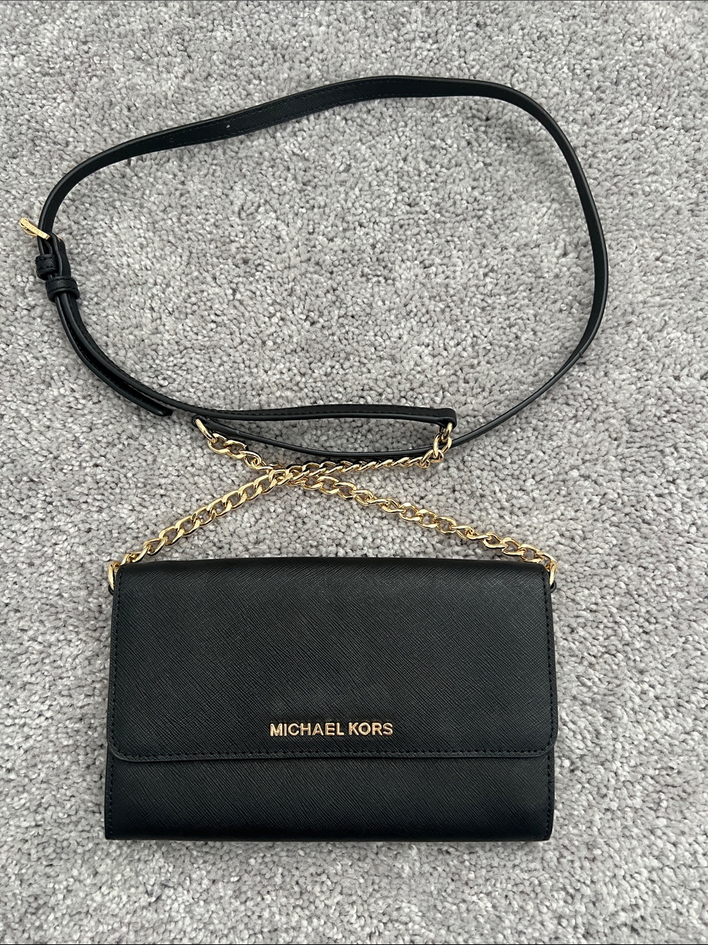 Michael Kors Black Leather Crossbody With Gold Chain Detail